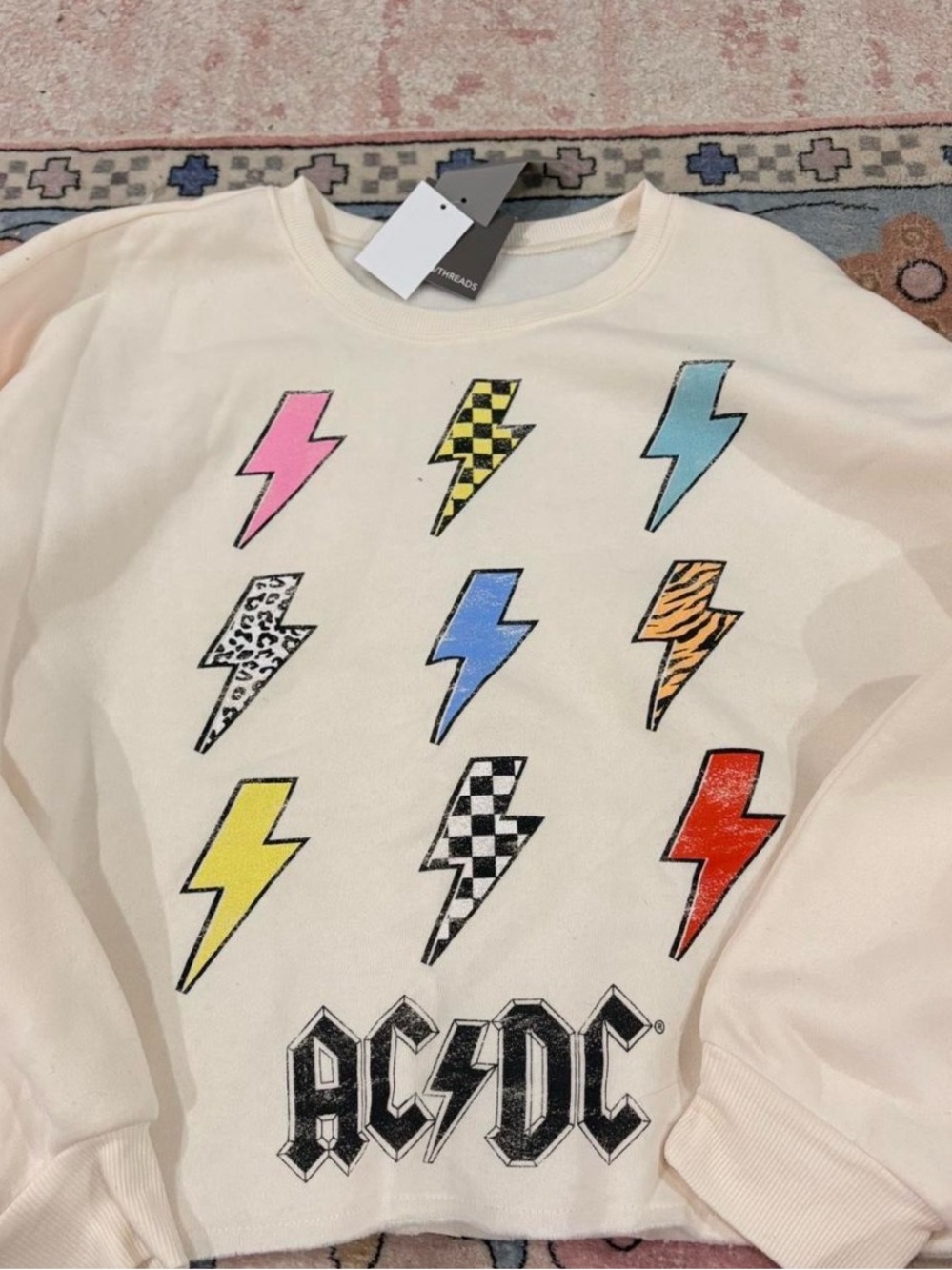 AC/DC Cream Graphic Lightning Bolt Crewneck Sweatshirt